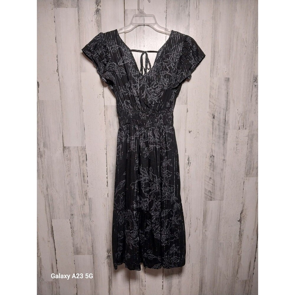 Gap Women’s Size Small Black & Silver Smocked Flutter Sleeve Midi Dress